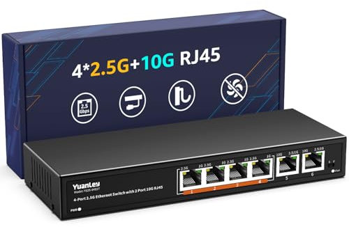 Switch Ethernet 10G Non Géré à 6 Ports, 4 Ports Base-T 2,5G, 2 Ports RJ45 10Gb, Compatible 100/1000/2500Mbps, Boîtier Métallique, VLAN, Commutateur Réseau YuanLey 2.5Gbe pour NAS 2.5G/10G