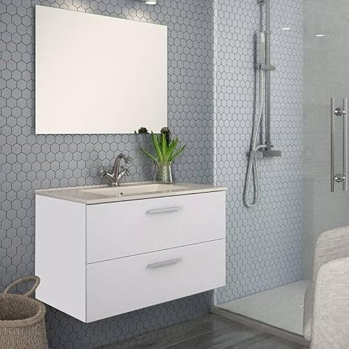 Aquore Mueble de Baño Suspendido con 2 Cajones, Mallorca, Incluye Lavabo Cerámico | Conjunto de Baño Mallorca Suspendido (Blanco Brillo, 60 x 45 x 48 cm)