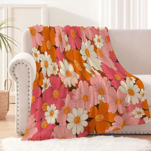 MIATCENRT Rose Orange Marguerite Couverture Polaire en Microfibre, 3D Vintage Floral Impression Douce Moelleuse Flanelle Couverture, 150x200cm Plaid Jeté de Canapé Convient Adultes et Enfants