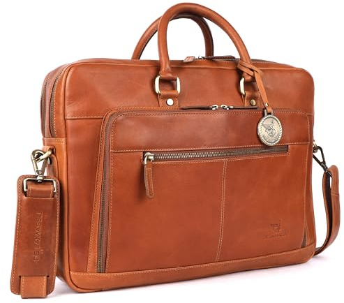 DE LAMASSU® Aiden Laptoptasche aus Leder – Unisex Business-Aktentasche bis 16 Zoll – mit Organizer-Fach, Trolleyband & Geschenkverpackung (Cognac)