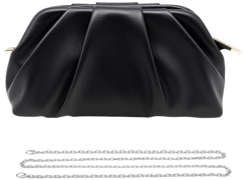 Pahajim Clutch Bags for Women Evening Bag Ruched Soft PU Leather Handbag With Detachable Chain Crossbody Shoulder HandBags for Wedding, Party, Date, Prom (Black)