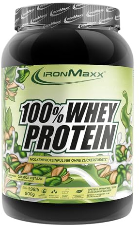 IronMaxx 100% Whey Protein 900 g - Proteína de Suero en Polvo Sabor Pistacho Cremoso | Con BCAA | Fácil Disolución | Batido de Proteínas para Fitness y Gimnasio