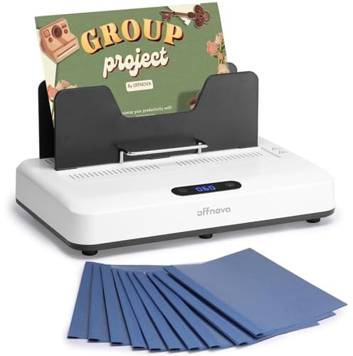 OFFNOVA Relieuse thermique 500 feuilles, pas de préchauffage, refroidissement à air, 3 réglages de temps, compatible A3/A4/A5/Letter, avec 10 couvercles de reliure pour bureau et école à domicile
