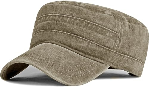HIQUACC Unisex Military Cadet Army Cap Washed Vintage Flat Top Hat | Adjustable Baseball Cap for Outdoor Sports Hiking
