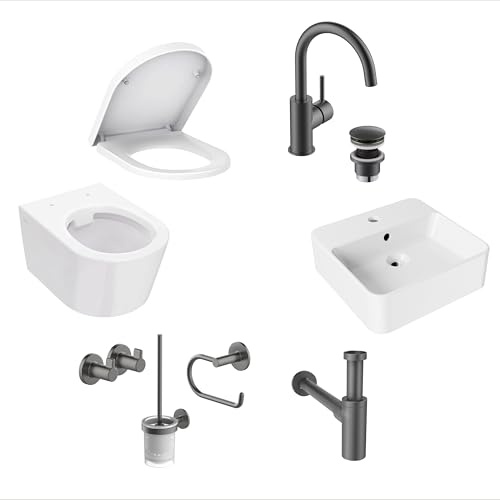 Lenz Gästebad-Set PERFECT FIT in Graphit – 8-teiliges Komplett-Set | Spülrandloses Wand-WC inkl. WC-Sitz mit Absenkautomatik, Handwaschbecken 40 cm, Armatur, Siphon & Badaccessoire-Set, 41050031