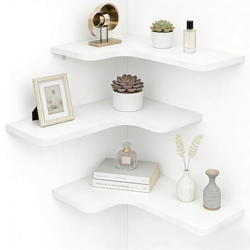 BUERPINKING 3er Set Wandregal Holz 40cm L-Förmiger Eckregal, Hängend Wandboard Küchenregal Holz Wand montierte Display Regale für Küche, Badezimmer, Wohnzimmer, Schlafzimmer, Weiß
