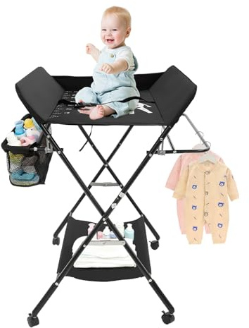 Baby Wickelkombi Klappbare Wickelkommode Mobiler mit Seitenschrank,Sicherheitsgurt und Rädern,Höhenverstellbar Wickeltisch,Für Familien, Krankenhäuser