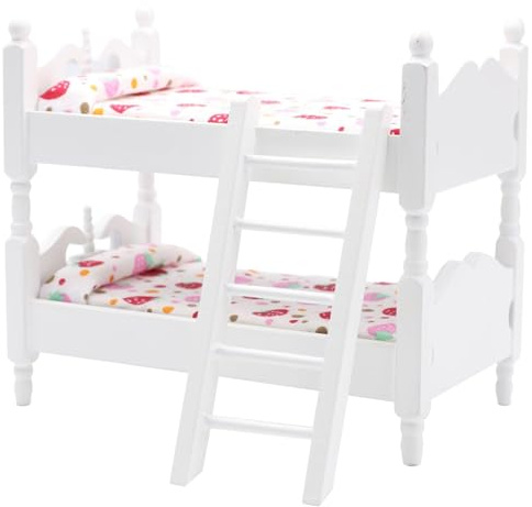 Otbushit Puppen-Etagenbett im Maßstab 1:12, Holz-Puppenhausbett mit Leiter, Blumenbettwäsche, DIY-Möbel, Weiß