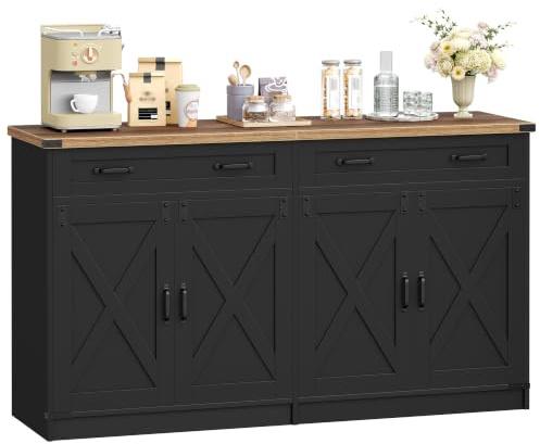 Hzuaneri Sideboard, Buffetschrank mit 2 Schublade, 4 Türen | Küchenschrank, Landhausstil, Küche, Wohnzimmer, 40 x 140 x 80 cm, Schwarz-honigbraun, SC94806X
