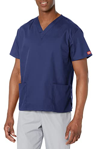 Dickies EDS Signature Scrubs for Men, Multi-Pocket V-Neck Scrub Top in Soft Brushed Poplin 81906, Navy, XL
