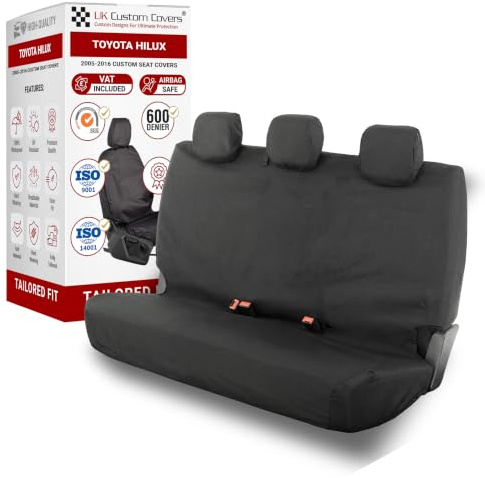 To Fit Toyota Hilux Seat Covers 2005-2016 Rear Set | Waterproof & Heavy Duty, Airbag Compatible, Easy To Fit - Tailored Rear Bench Black
