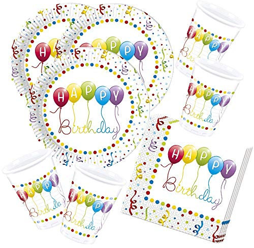 52-teiliges Party-Set Happy Birthday Streamers - Motiv: Luftballons - Teller Becher Servietten für 16 Kinder