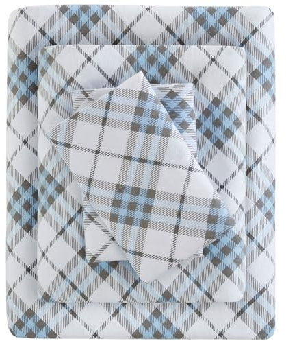 Sleep Philosophy True North by Kuscheliges Flanell-Bettwäsche-Set, 100% Baumwolle, Motiv: Tiere, Sterne, niedlich, ultraweich, für kaltes Wetter, Doppelbett, blaues Karomuster, 3-teilig