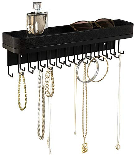 JackCubeDesign Hanging Jewellery Organiser Necklace Hanger Bracelet Holder Wall Mount Necklace Organiser with 25 Hooks(Black/41.6 x 12.4 x 7.4 cm) - MK124B