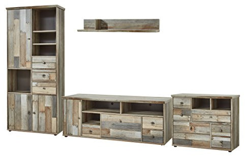 Stella Trading Bonanza Vintage Wohnwand Komplett-Set in Driftwood Optik - Retro Schrankwand für Ihr Wohnzimmer - 374 x 189 x 52 cm (B/H/T)