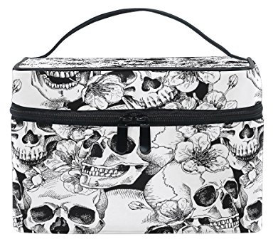 Makeup Bag, Sugar Skull Flower Print Cosmetic Toiletry Storage Large Travel Handle Personalised Pouch with Compartments for Teenage Girl Women Lady White Black
