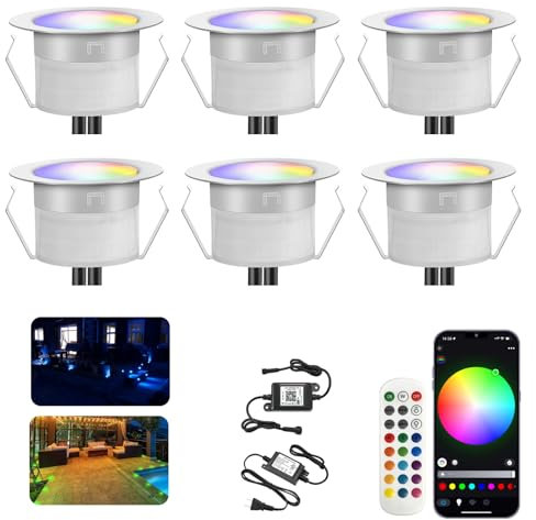 INDARUN LED Bodeneinbauleuchten Aussen RGBW 6er Set, Ø31mm WiFi Terrasse Einbaustrahler, Led Terrassenbeleuchtung IP67 Wasserdicht Boden Licht für Küche Garten Treppen