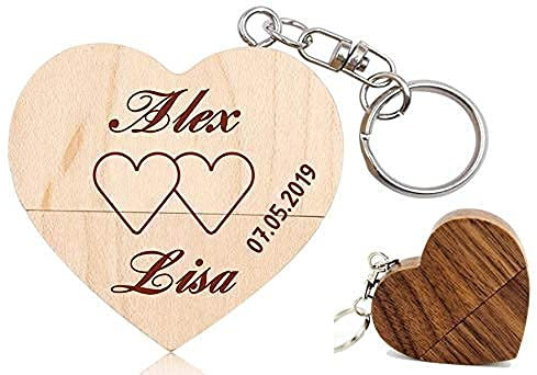 Clé USB Flash Drive en bois avec gravure 2.0 en forme de cœur - 10 motifs au choix - 32 Go