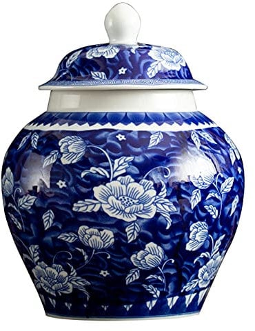 fanquare Jarrón Jingdezhen de Porcelana Azul y Blanca, Florero Hecho a Mano con Diseño de Loto de la Suerte, Altura 23cm