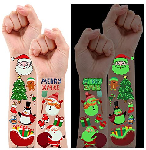 Leesgel Weihnachts Tattoo für Kinder, 10 Blätter Im Dunkeln Leuchten Temporäre Tattoos, Party Dekoration Mitgebsel Kindergeburtstag Weihnachtsdeko Weihnachtsgeschenke