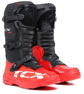 TCX - Comp Kid, Stivali da Motocross Bambino, Tomaia in Microfibra, Chiusura con 3 Fibbie in Poliuretano con Regolazione Micrometrica e Velcro, Nero/Rosso
