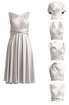 Damen Cabrio Kleid Kurz Infinity Kleid Transformer Multiway Wickelkleid für Brautjungfer, silber, 34