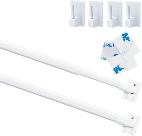 2Pcs Net Curtain Rods Extendable Curtain Rod with 6Pcs Plastic Sticky End Window Hook for Home Bathroom、Windows(90-150CM/35-59Inch,White)
