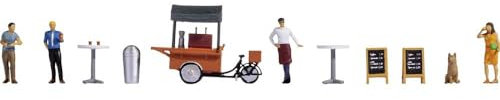 NOCH Figuren-Themenwelt „Kaffeestand“, vollständiges H0-Set mit Barista und Coffee-Bike für Modelleisenbahnen
