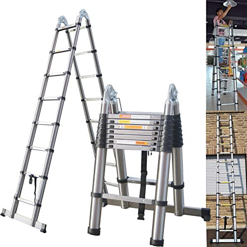 Scala Telescopica 2.5M + 2.5M Scale A Soppalco A Fisarmonica Pieghevoli, Scala A-Frame In Acciaio Inossidabile, Altezza Massima 16.4FT/ 5M