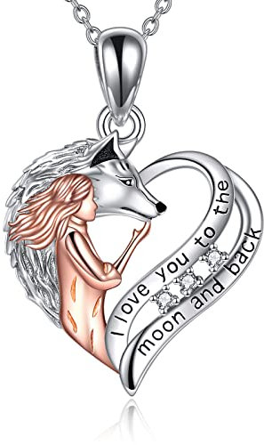 Wolf Schmuck Geschenke Sterling Silber Liebesherz Wolf und Mädchen Anhänger Halskette Ich liebe dich bis zum Mond und zurück Halskette Schmuck für Damen Teenager Freundin (Wolf und Mädchen Halskette)