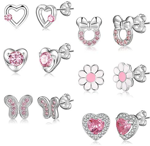 6Pairs 925 Sterling Silver Earrings for Girls Silver Stud Earrings for Women Hypoallergenic Earrings Tiny Heart Ball Sterling Silver Studs Earrings Sets for Teen Kids Toddler Pink Silver