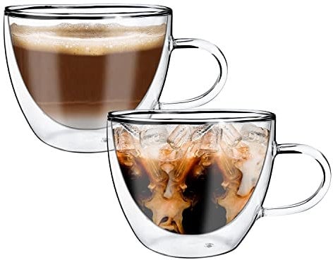 Vinsani Vaso Double Walled Coffee Drink Glasses Tea Cup Mug 290ml Set of 2 Heat Cold Resistant Aesthetic Clear Borosilicate Glass with Handle Cappuccino Latte Tea Dessert Hot and Cold Drinks