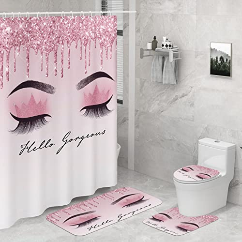 Seorsok Rose Gold Eyelash Shower Curtain Sets 4 Piece Pink Glitter (Without Sequins) Bathroom Decor Sets with Rugs Include Waterproof Shower Curtain Non-Slip Rug Toilet Lid Cover Bath Mat