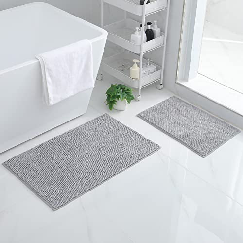 smiry Non Slip Chenille Bath Mat Set, Pack of 2, Extra Absorbent Soft Bathroom Mat Sets 2 Piece, Machine-Washable Quick Dry Bath Rug, 40 x 60 cm + 50 x 80 cm, Grey