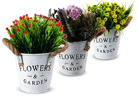 Coradoma Kunstblumen im Topf 3er Set Weiß Künstliche Pflanzen Dekoration | Wohnzimmer Deko modern Küchendeko Blumen | Kunstpflanze Sukkulente Fensterbank Schreibtisch Wanddeko Büro Schlafzimmer
