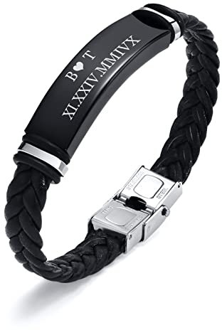 Personalisiertes Armband Herren Sohn - Gravierte Initiale Datum ID Lederarmband Geschenk für Ihn Freund Ehemann Papa Individuelles Geschenk für Weihnachten Geburtstag Valentinstag Jahrestag Vatertag