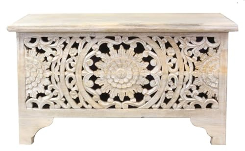 Shabby Chic Holztruhe Indische Truhe mit aufwendiger Schnitzerei weiß 80 cm