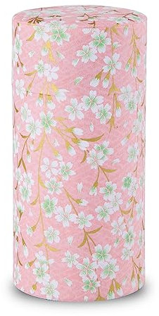 NOREN Boîte à thé japonaise (papier Yuzen Washi – Sakura de Kyoto/rose), fabriquée au Japon avec couvercle intérieur hermétique et étanche à l'humidité.200g