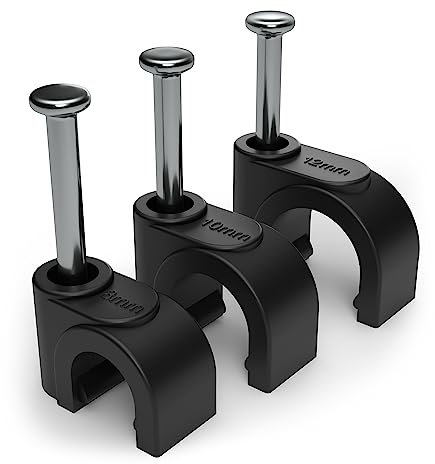9mm Round Black Cable Clips, Pack of 100 - for Effective Cable Management - Cable Tacks for Electrical/Ethernet Wall Cables, Nail Clips for Telephone TV Wire Clips, Cable Tidy