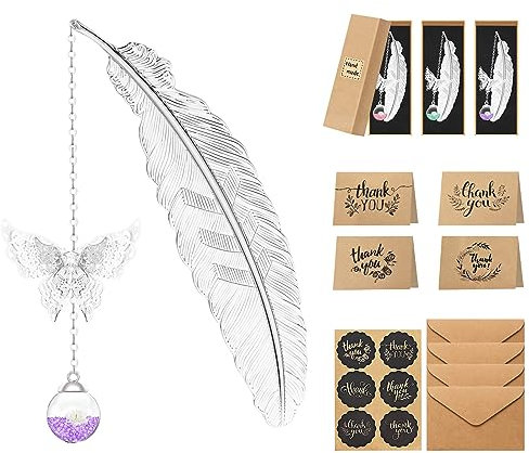 homicozy 3 Stück Lesezeichen Feder Metall, Schmetterling Lesezeichen mit Grußkarte und Trockener Blume Anhänger, Bookmark Geschenk für Lehrer, Mutterta, Hochzeitssaison(Silber)