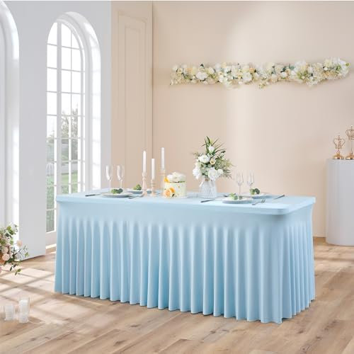NSSONBEN 1-Pack Baby Blau Spandex Rechteck Tischdecke, 180 x 76 cm, Faltenfreie Stretch Tischdecke mit Rock für Bankett, Party, Hochzeit, Geburtstag, Meeting, Outdoor-Messen