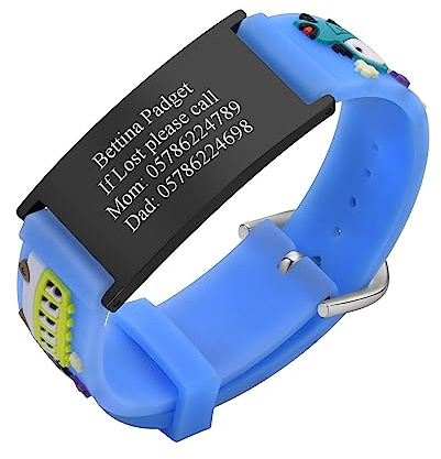 PJ JEWELLERY Notfallarmband SOS Armband Kinder Personalisierte - Edelstahl Cartoon Silikonband Sicherheitsarmband Gravur Kleinkind Anti-Verlust Armbänder für Kinder Notfall Armband für Mädchen Jungen