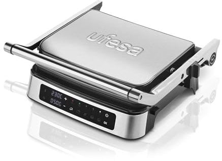 Ufesa Everest Parrilla Eléctrica Digital, Panini Press, Grill de Contacto de 2000W, 5 Programas Preestablecidos, Pantalla Táctil, Apertura 180ª, Temporizador, Temperatura hasta 230º, 29 x 23.2cm, Inox