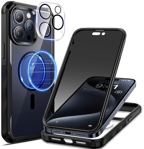 seacosmo Magnetic for iPhone 15 Pro Max Case, Privacy Phone Cover Compatible with Magsafe Built-in Anti Peep Tempered Glass Privacy Screen Protector and Camera Protective Full Body Shockproof -Black