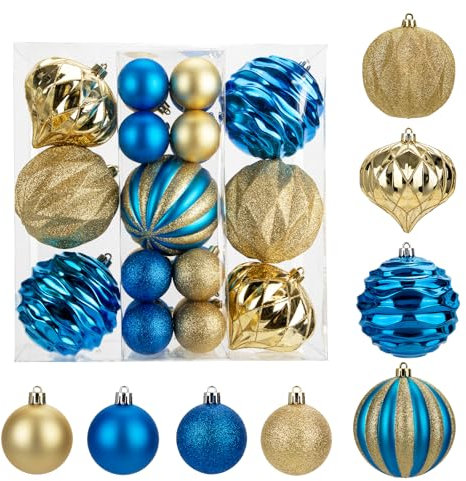 Hollyone 23PCS Weihnachtskugeln Ornamente Set, 10CM und 5CM Christbaumkugeln Set, Bruchsicher Weihnachtsschmuck, Blau Gold Hängende Kugeln für Weihnachtsbaum Fest Party