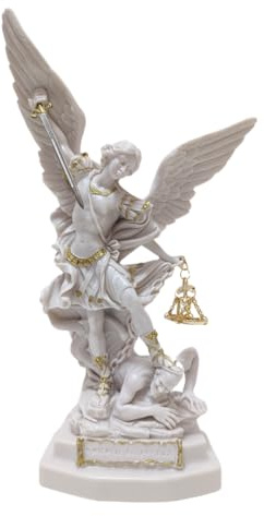 OVUNQUE PROTEGGIMI Erzengel Michael Statue aus weißem Marmorpulver mit Schwert und Waage (22 cm), GRSM22-33