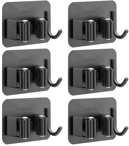 M JINGMEI Mop Holder Wall Mounted, 6Pcs Stainless Steel Self Adhesive Mop Broom Holder with Hooks Hanger Self-Adhesive Broom Holder for Office, Closet, Garden Garage, Bathroom, Kitchen (Dark Grey)