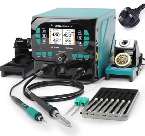 YIHUA 992D-II 2-IN-1 Precision Soldering Kit with Hot Air Pencil & C210 Precision Soldering Iron Precision Soldering Station with Dynamic LCD Display Low-Wear Mode 3 Preset Channels 8 Nozzles(UK Plug)