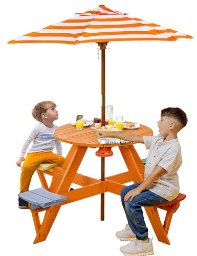 BRINJOY Kindersitzgruppe mit Sonnenschirm, Kinder Picknicktisch mit höhenverstellbarem Schirm, Outdoor Picknicktisch Kindertisch Gartenmöbel für Terrasse