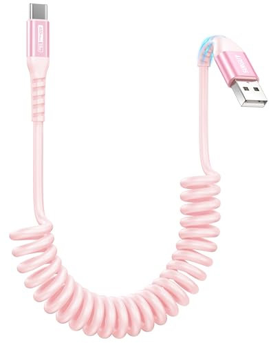 SUNGUY Coiled USB C Cable, 【0.4M-1M】 USB to USB C Cable for Android Auto, Galaxy S24 Ultra S23 FE S22 S21, Google Pixel, Oneplus 6/5, Sony Xperia-Pink
